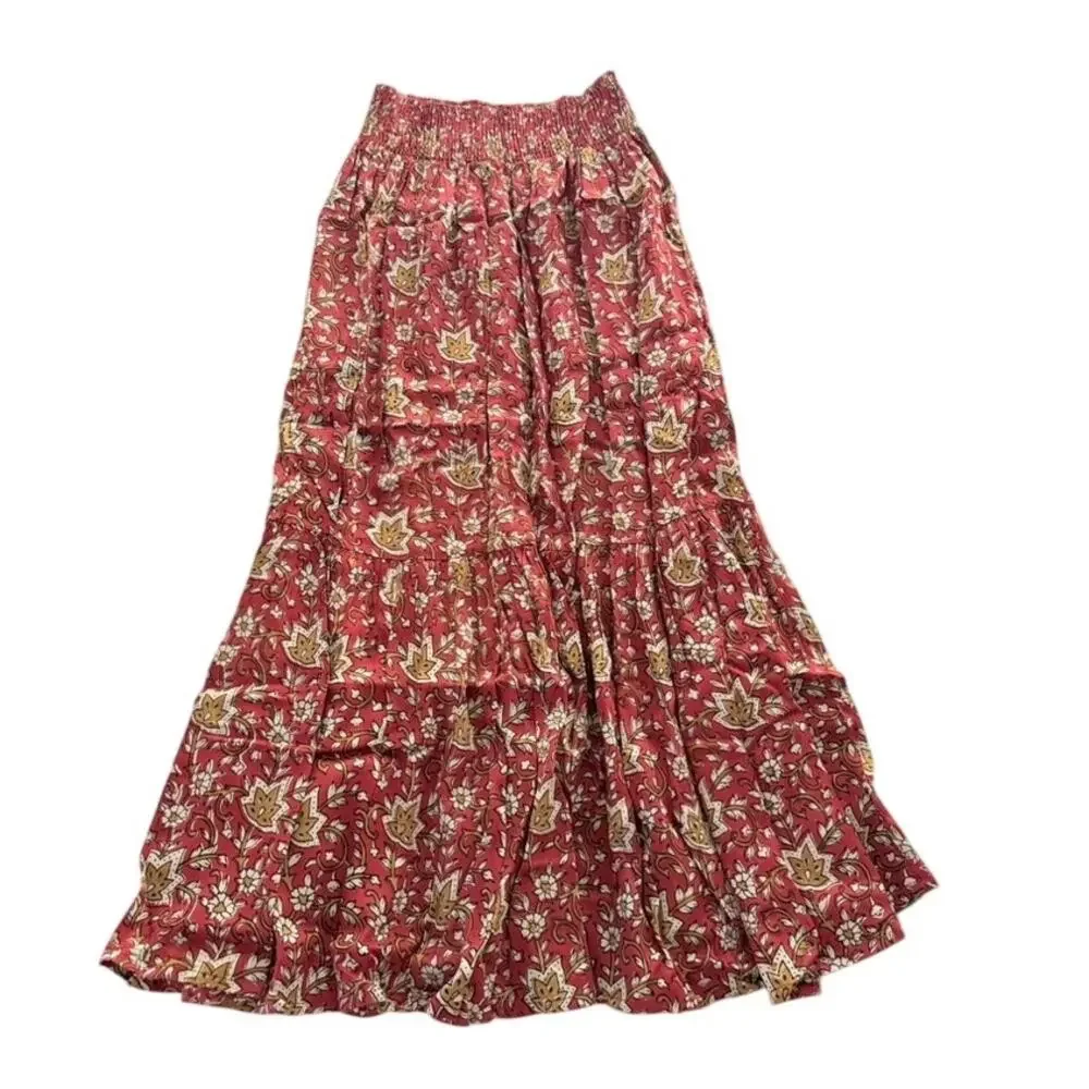 Emerson Fry India Collection Shirred Navi Burgundy Print Skirt Size M/L Maxi